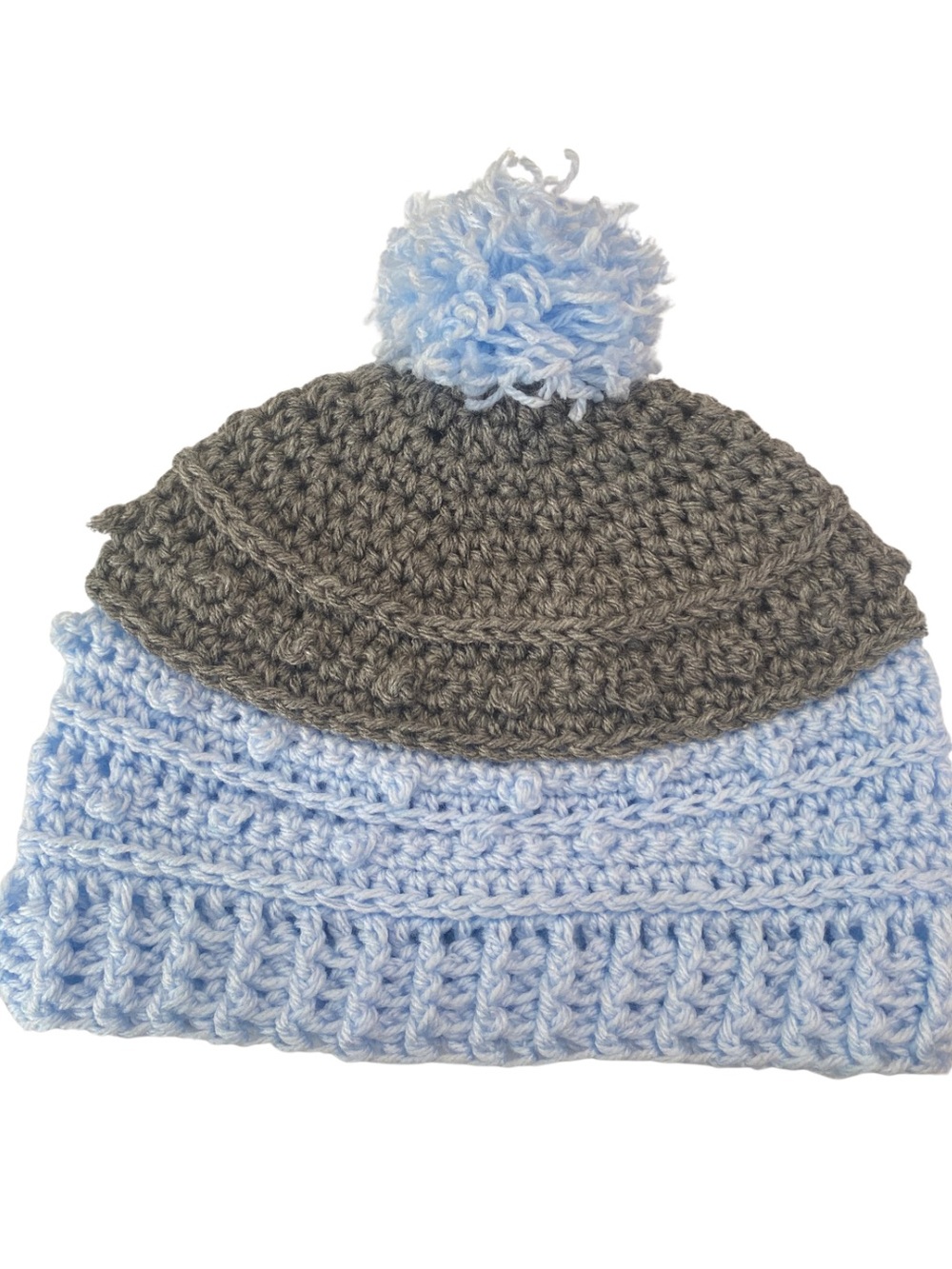 Hand Crafted Two-Tone Crochet Beanie Hat - Light Blue & Gray Brand New